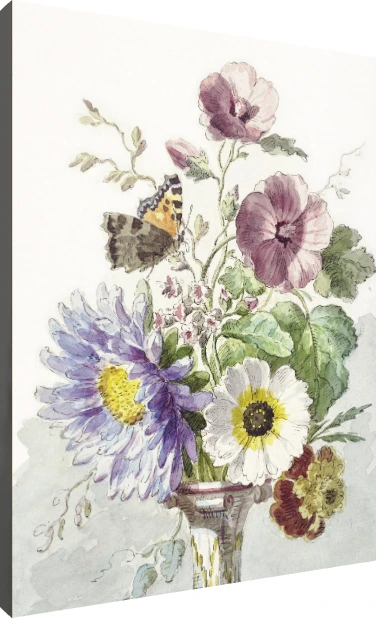 A delicate watercolor artwork of a floral bouquet with purple asters, hollyhocks, white flowers, and a perched butterfly. | PrintPosters.in