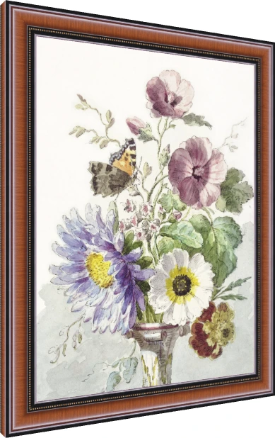 A delicate watercolor artwork of a floral bouquet with purple asters, hollyhocks, white flowers, and a perched butterfly. — photo frame preview | PrintPosters.in