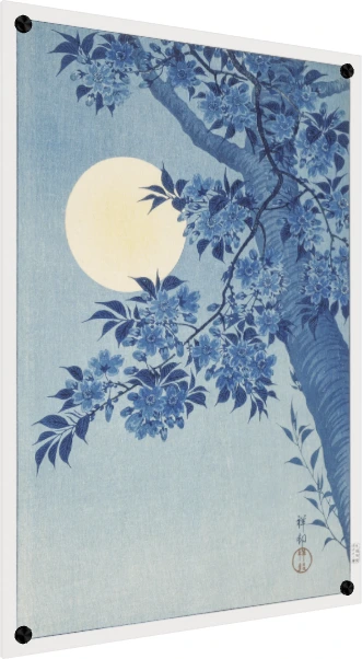 Indigo blue Japanese cherry blossom tree branches under a large glowing pale yellow full moon. — acrylic preview | PrintPosters.in