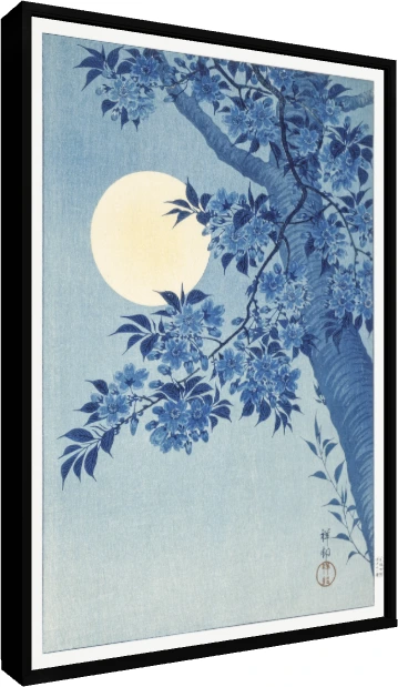 Indigo blue Japanese cherry blossom tree branches under a large glowing pale yellow full moon. — floater frame preview | PrintPosters.in