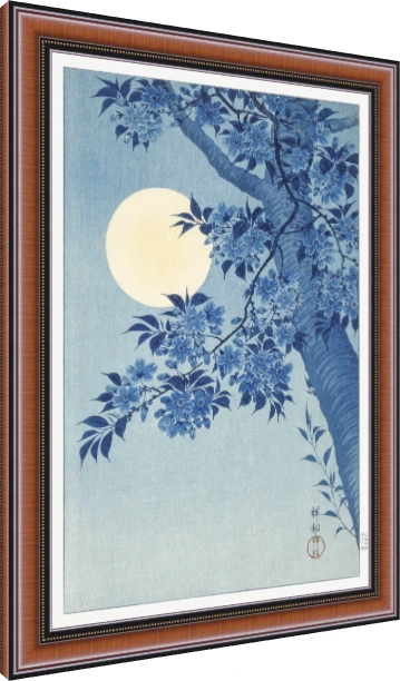 Indigo blue Japanese cherry blossom tree branches under a large glowing pale yellow full moon. — photo frame preview | PrintPosters.in