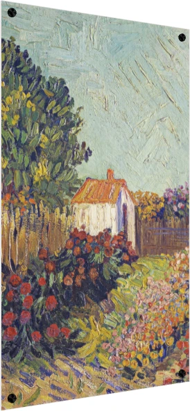 Impressionist style painting of a white cottage with orange roof among vibrant blooming flower beds and tall trees. — acrylic preview | PrintPosters.in