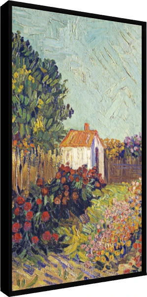 Impressionist style painting of a white cottage with orange roof among vibrant blooming flower beds and tall trees. — floater frame preview | PrintPosters.in