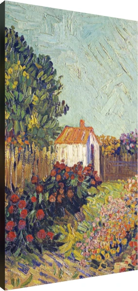 Impressionist style painting of a white cottage with orange roof among vibrant blooming flower beds and tall trees. | PrintPosters.in