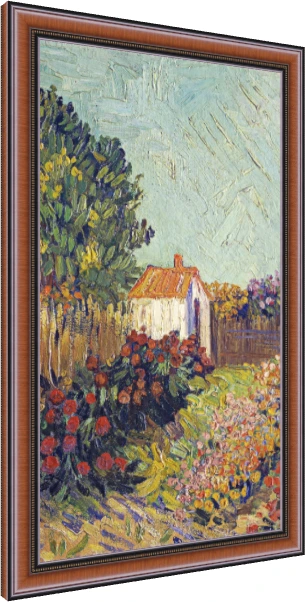 Impressionist style painting of a white cottage with orange roof among vibrant blooming flower beds and tall trees. — photo frame preview | PrintPosters.in