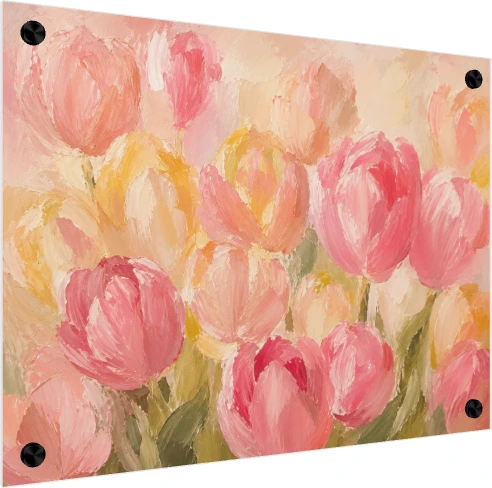 Thickly textured oil style artwork featuring dense pink and yellow tulip blooms in vibrant impasto strokes. — acrylic preview | PrintPosters.in