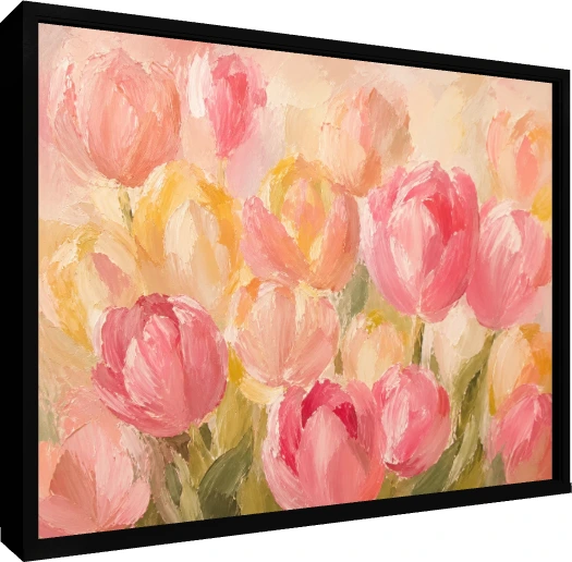 Thickly textured oil style artwork featuring dense pink and yellow tulip blooms in vibrant impasto strokes. — floater frame preview | PrintPosters.in