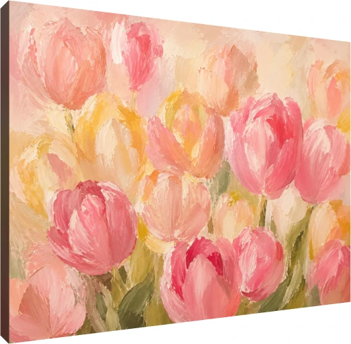 Thickly textured oil style artwork featuring dense pink and yellow tulip blooms in vibrant impasto strokes. | PrintPosters.in