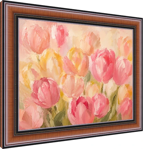 Thickly textured oil style artwork featuring dense pink and yellow tulip blooms in vibrant impasto strokes. — photo frame preview | PrintPosters.in