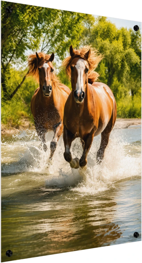 Two majestic brown horses with white facial markings galloping forward through splashing river water with green trees in the background. — acrylic preview | PrintPosters.in