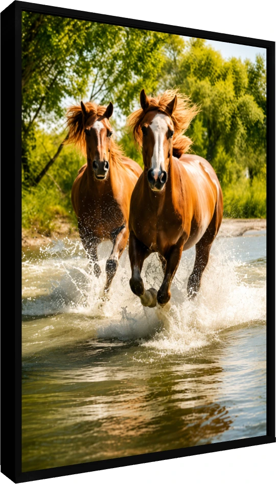 Two majestic brown horses with white facial markings galloping forward through splashing river water with green trees in the background. — floater frame preview | PrintPosters.in