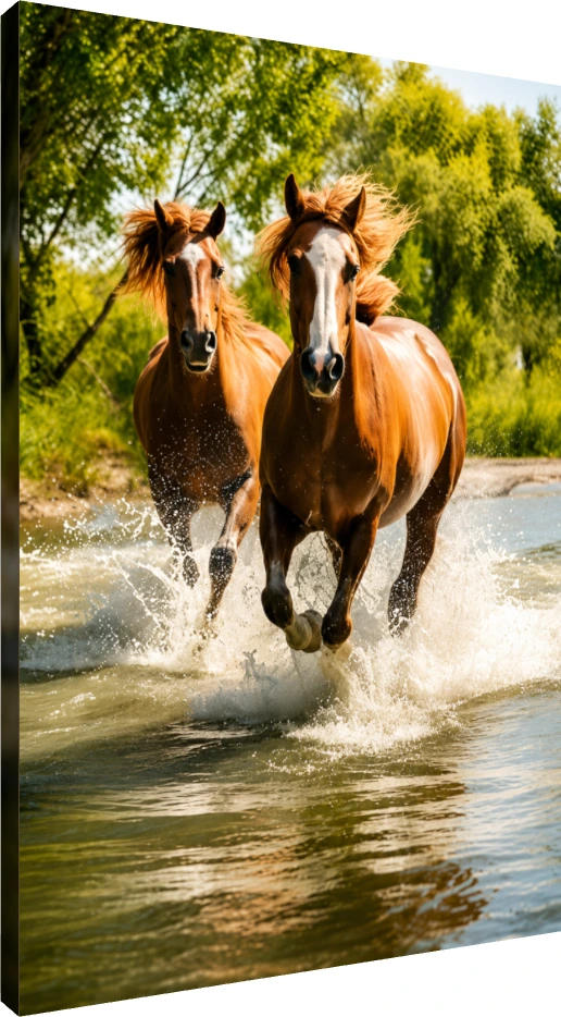 Two majestic brown horses with white facial markings galloping forward through splashing river water with green trees in the background. | PrintPosters.in