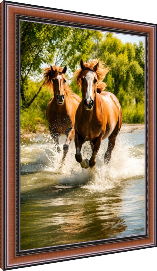 Two majestic brown horses with white facial markings galloping forward through splashing river water with green trees in the background. — photo frame preview | PrintPosters.in