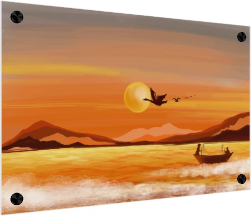Silhouetted figures on a wooden river boat gliding across golden sunset water under flying birds. — acrylic preview | PrintPosters.in