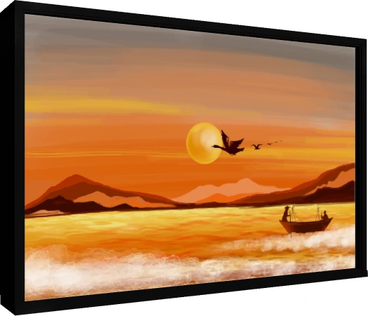 Silhouetted figures on a wooden river boat gliding across golden sunset water under flying birds. — floater frame preview | PrintPosters.in