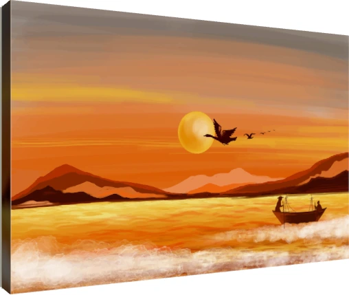 Silhouetted figures on a wooden river boat gliding across golden sunset water under flying birds. | PrintPosters.in