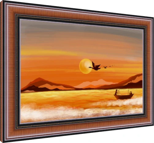 Silhouetted figures on a wooden river boat gliding across golden sunset water under flying birds. — photo frame preview | PrintPosters.in