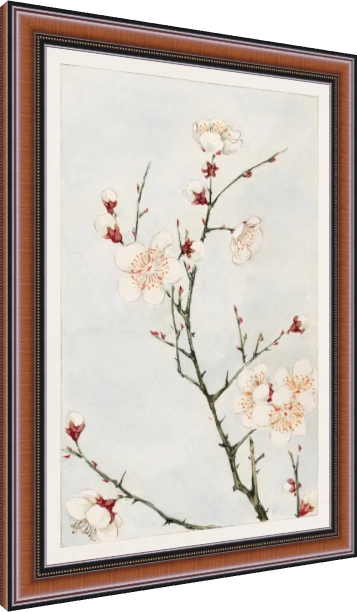 Watercolor illustration of blooming white plum blossoms with red sepals on slender green branches against a pale blue wash. — photo frame preview | PrintPosters.in