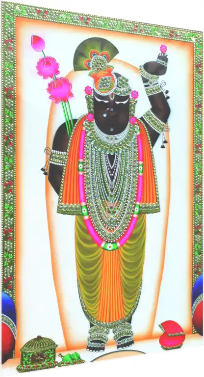 A traditional Pichwai painting of Lord Shrinathji adorned with elaborate jewelry and holding lotus flowers. — acrylic preview | PrintPosters.in