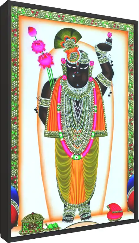 A traditional Pichwai painting of Lord Shrinathji adorned with elaborate jewelry and holding lotus flowers. — floater frame preview | PrintPosters.in