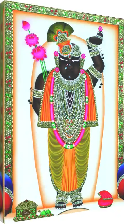 A traditional Pichwai painting of Lord Shrinathji adorned with elaborate jewelry and holding lotus flowers. | PrintPosters.in