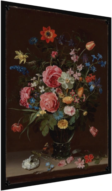 Classical Dutch Golden Age oil painting of a vibrant flower bouquet in a glass vase against a dark background. — acrylic preview | PrintPosters.in