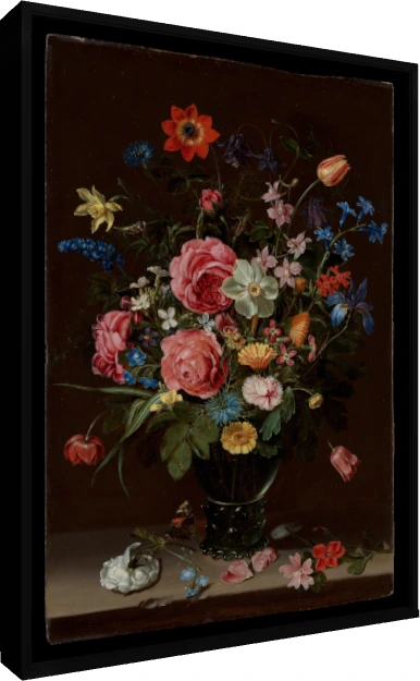 Classical Dutch Golden Age oil painting of a vibrant flower bouquet in a glass vase against a dark background. — floater frame preview | PrintPosters.in