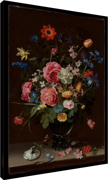 Classical Dutch Golden Age oil painting of a vibrant flower bouquet in a glass vase against a dark background. | PrintPosters.in