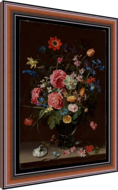 Classical Dutch Golden Age oil painting of a vibrant flower bouquet in a glass vase against a dark background. — photo frame preview | PrintPosters.in