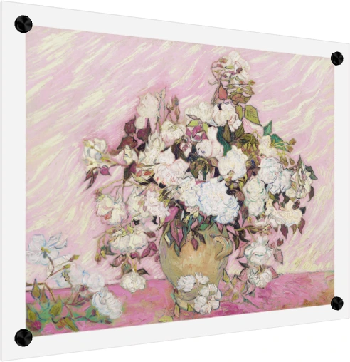 Vincent van Gogh oil painting of white roses in a ceramic vase against a pink textured background — acrylic preview | PrintPosters.in