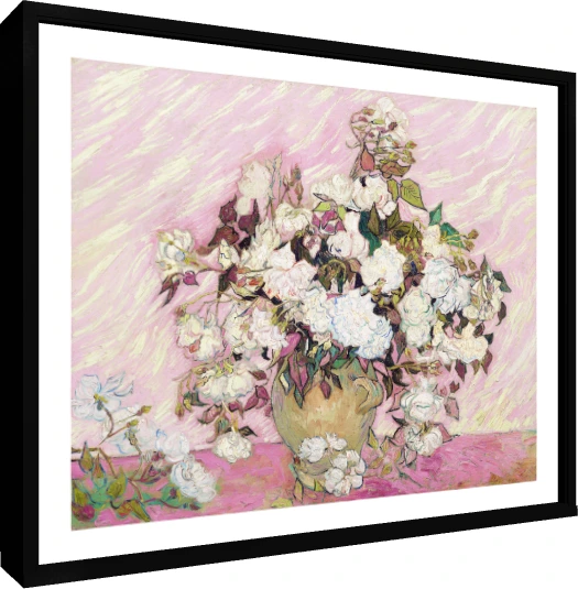 Vincent van Gogh oil painting of white roses in a ceramic vase against a pink textured background — floater frame preview | PrintPosters.in