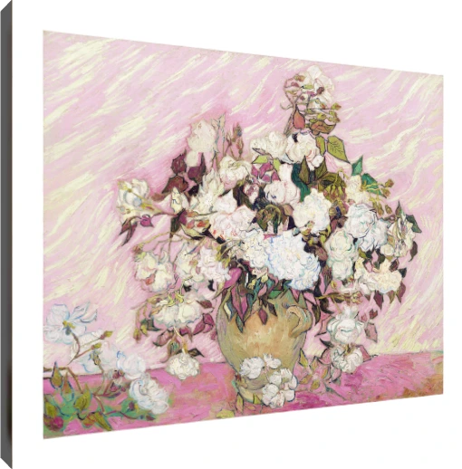 Vincent van Gogh oil painting of white roses in a ceramic vase against a pink textured background | PrintPosters.in
