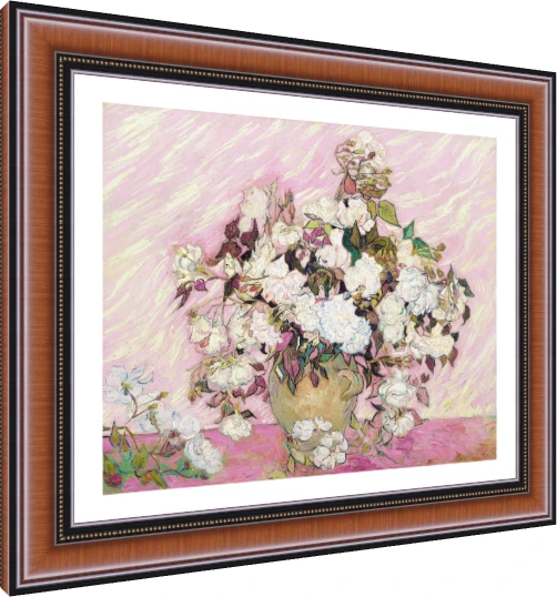 Vincent van Gogh oil painting of white roses in a ceramic vase against a pink textured background — photo frame preview | PrintPosters.in
