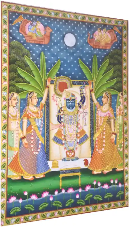 Traditional Pichwai painting of Shrinathji with Gopis under banana trees and a full moon. — acrylic preview | PrintPosters.in