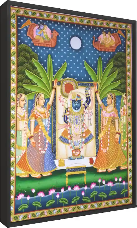Traditional Pichwai painting of Shrinathji with Gopis under banana trees and a full moon. — floater frame preview | PrintPosters.in