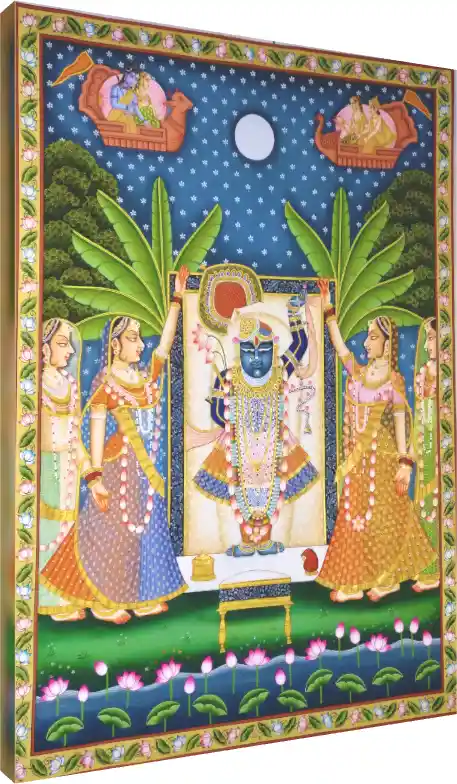 Traditional Pichwai painting of Shrinathji with Gopis under banana trees and a full moon. | PrintPosters.in
