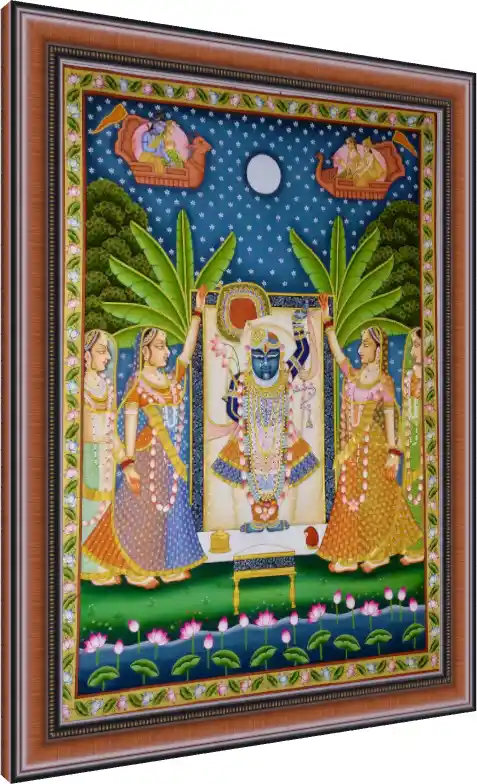 Traditional Pichwai painting of Shrinathji with Gopis under banana trees and a full moon. — photo frame preview | PrintPosters.in