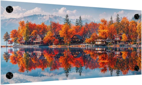 Panoramic view of fiery orange autumn trees and wooden lake houses mirrored in a calm, clear lake with mountains in background. — acrylic preview | PrintPosters.in