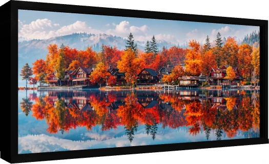 Panoramic view of fiery orange autumn trees and wooden lake houses mirrored in a calm, clear lake with mountains in background. — floater frame preview | PrintPosters.in