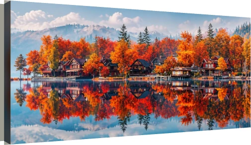 Panoramic view of fiery orange autumn trees and wooden lake houses mirrored in a calm, clear lake with mountains in background. | PrintPosters.in