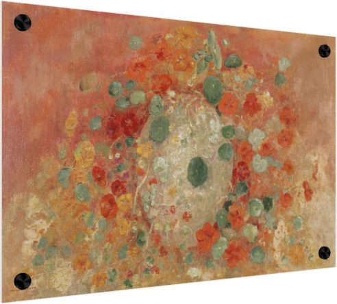 Symbolist floral artwork depicting vibrant orange nasturtiums and rounded green leaves against a warm terracotta backdrop. — acrylic preview | PrintPosters.in