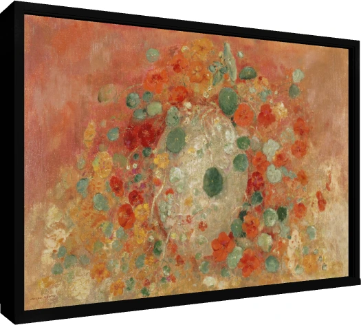 Symbolist floral artwork depicting vibrant orange nasturtiums and rounded green leaves against a warm terracotta backdrop. — floater frame preview | PrintPosters.in