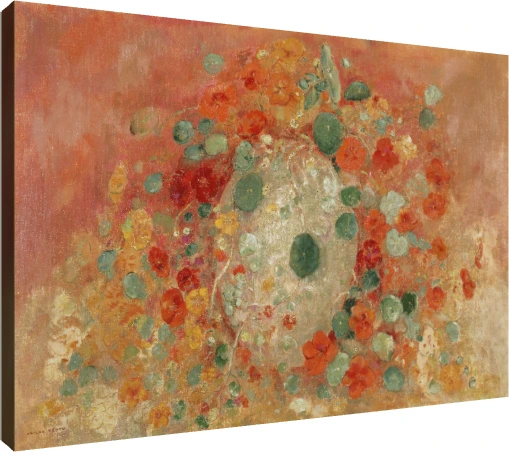 Symbolist floral artwork depicting vibrant orange nasturtiums and rounded green leaves against a warm terracotta backdrop. | PrintPosters.in