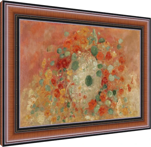 Symbolist floral artwork depicting vibrant orange nasturtiums and rounded green leaves against a warm terracotta backdrop. — photo frame preview | PrintPosters.in