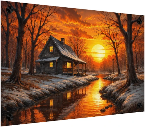 A rustic wooden cabin with lit windows beside a river reflecting a radiant orange winter sunset. — acrylic preview | PrintPosters.in