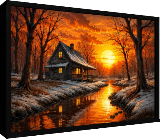 A rustic wooden cabin with lit windows beside a river reflecting a radiant orange winter sunset. — floater frame preview | PrintPosters.in