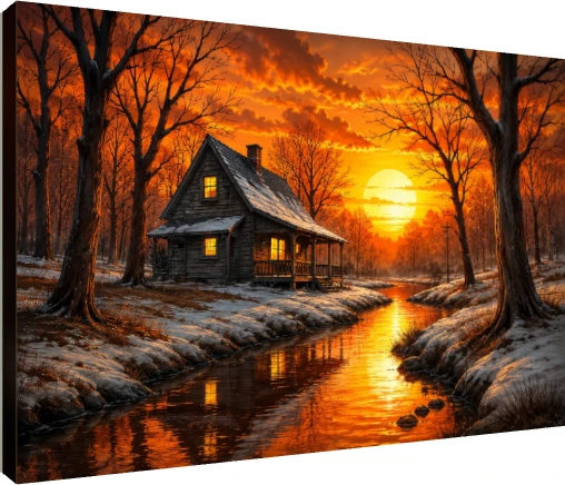 A rustic wooden cabin with lit windows beside a river reflecting a radiant orange winter sunset. | PrintPosters.in