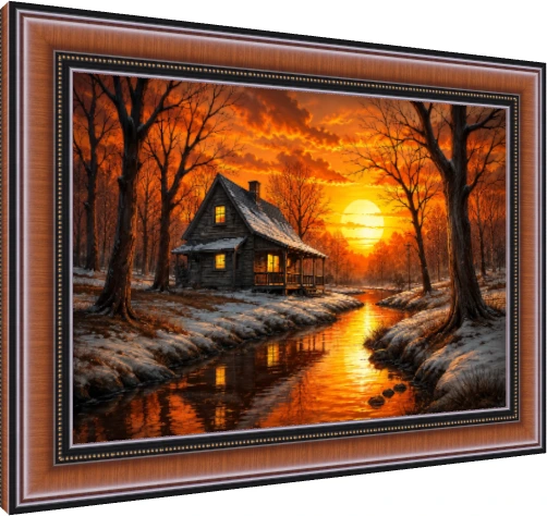 A rustic wooden cabin with lit windows beside a river reflecting a radiant orange winter sunset. — photo frame preview | PrintPosters.in