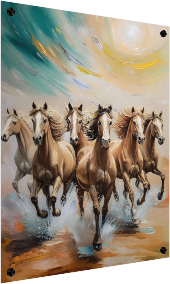 Textured portrait painting of seven golden-brown horses galloping forward through splashing water under a bright sun. — acrylic preview | PrintPosters.in