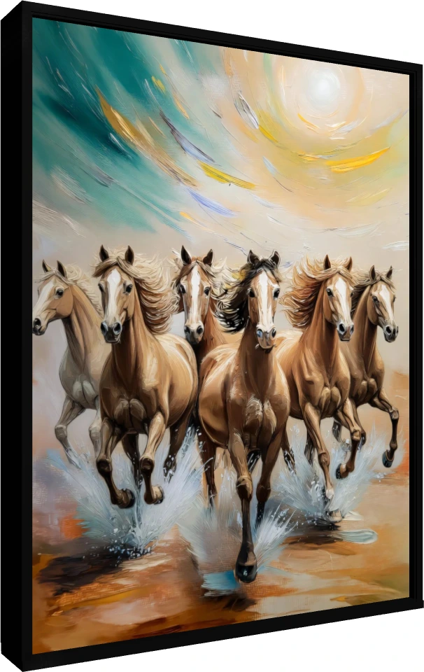 Textured portrait painting of seven golden-brown horses galloping forward through splashing water under a bright sun. — floater frame preview | PrintPosters.in